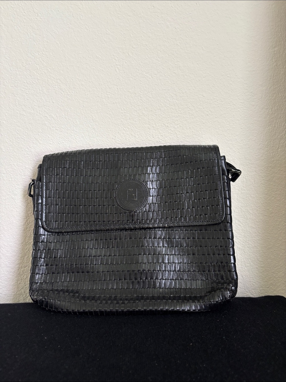 Vintage Fendi Black Woven Leather Crossbody Bag